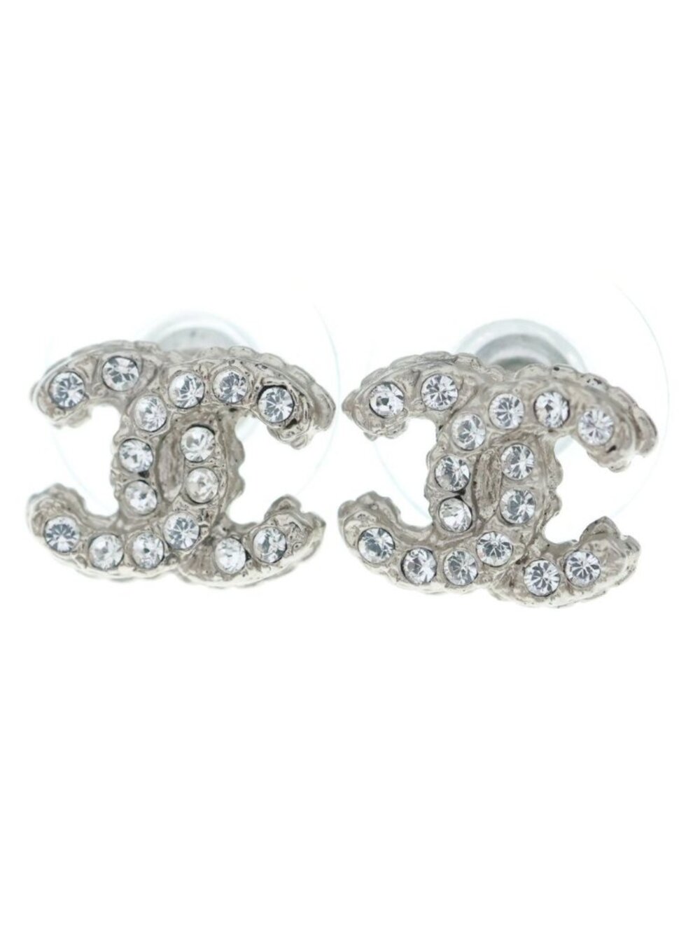 Chanel CC Logo Rhinestone Earrings Silver